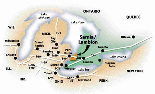 Map of Southwestern Ontario with Sarnia Lambton