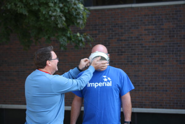 Shawn Zettel, Sarnia Site Safety Manager is about to get “pied’d by Shane Ferneyhough, Safety Group Leader and Operations Integrity Coordinator to raise money and awareness for the United Way of Sarnia-Lambton