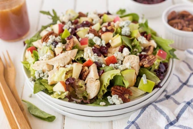 Chicken salad with pecans, goat cheese and mixed greens