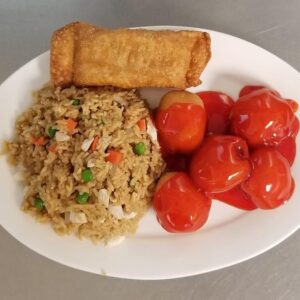 China House chicken balls, rice, and egg roll.